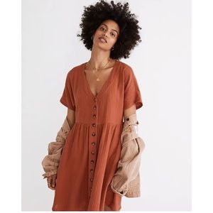 Madewell Lightspun Button-Front Mini Dress in Rust/Orange